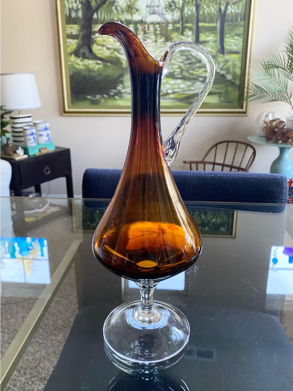 VTG Empoli Amber Hand Blown Italian Glass Decanter Pitcher w Clear Handle MCM